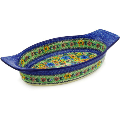 Polish Pottery Oval Baker with Handles 18&quot; Lily Gardens UNIKAT