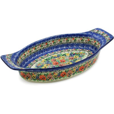 Polish Pottery Oval Baker with Handles 18&quot; Pansy Garden UNIKAT