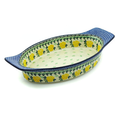 Polish Pottery Oval Baker with Handles 18&quot; Yellow Rose