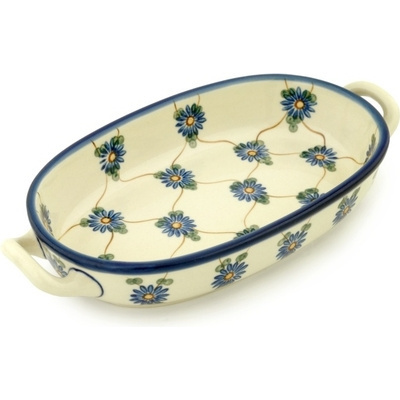 Polish Pottery Oval Baker with Handles 8-inch Aster Trellis