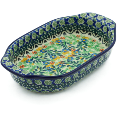 Polish Pottery Oval Baker with Handles 8&quot; Black Heart Garden UNIKAT