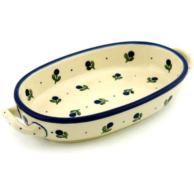 Polish Pottery Oval Baker with Handles 8-inch Blue Buds