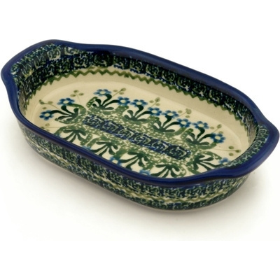 Polish Pottery Oval Baker with Handles 8&quot; Blue Daisy Circle