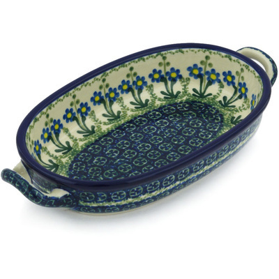 Polish Pottery Oval Baker with Handles 8-inch Blue Daisy Circle