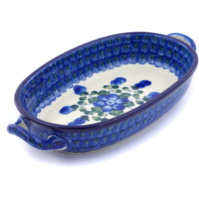 Polish Pottery Oval Baker with Handles 8-inch Blue Poppies