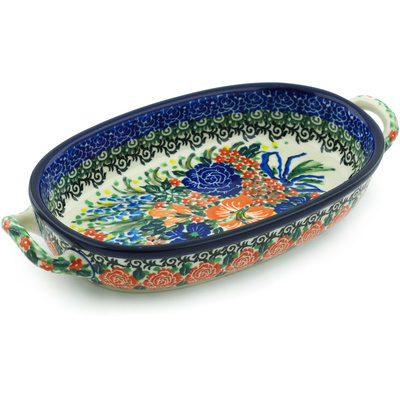 Polish Pottery Oval Baker with Handles 8-inch Blue Ribbon Bouquet UNIKAT