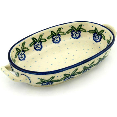 Polish Pottery Oval Baker with Handles 8-inch Blue Rose