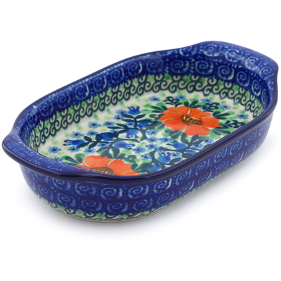 Polish Pottery Oval Baker with Handles 8&quot; Bluebells And Lace UNIKAT