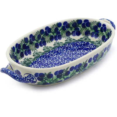 Polish Pottery Oval Baker with Handles 8-inch Blueberry Fields Forever
