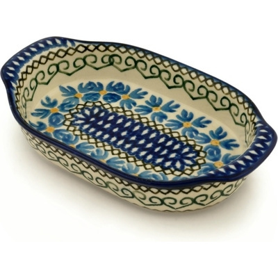 Polish Pottery Oval Baker with Handles 8&quot; Chickory Heart Vines