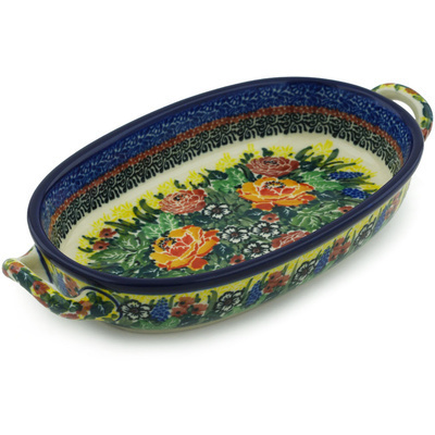 Polish Pottery Oval Baker with Handles 8-inch Copper Rose Meadow UNIKAT