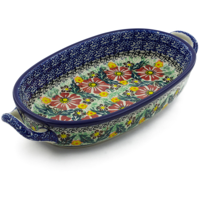 Polish Pottery Oval Baker with Handles 8-inch Cosmos Garden UNIKAT