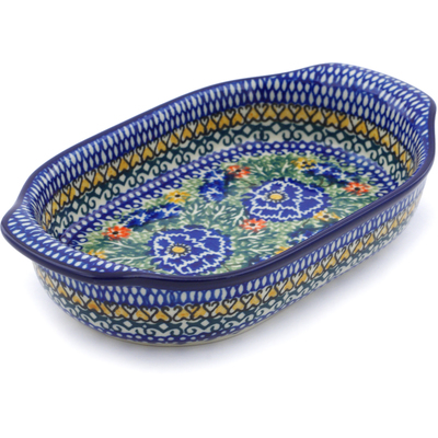 Polish Pottery Oval Baker with Handles 8&quot; Dancing Pansies UNIKAT