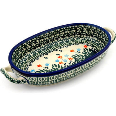 Polish Pottery Oval Baker with Handles 8-inch Dancing Tulips