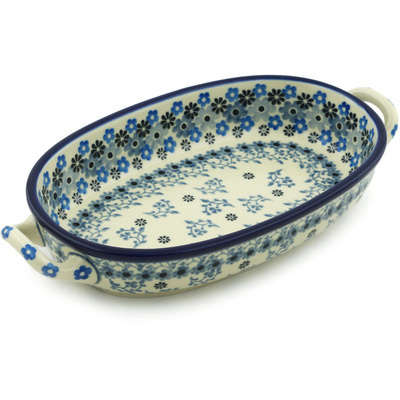 Polish Pottery Oval Baker with Handles 8-inch Delicate Blue Composition