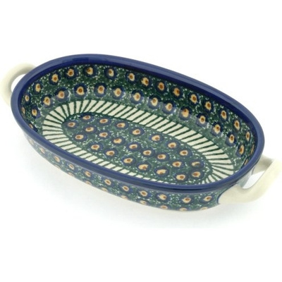 Polish Pottery Oval Baker with Handles 8-inch Emerald Peacock