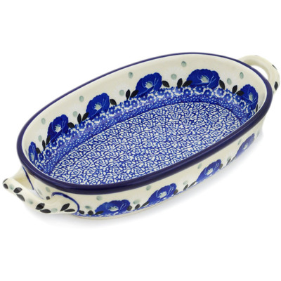 Polish Pottery Oval Baker with Handles 8-inch Eternal Winter