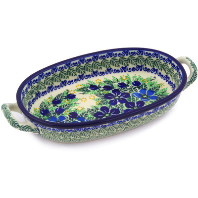 Polish Pottery Oval Baker with Handles 8-inch Forget Me Not Meadow UNIKAT