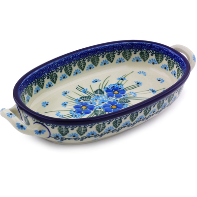 Polish Pottery Oval Baker with Handles 8-inch Forget Me Not UNIKAT