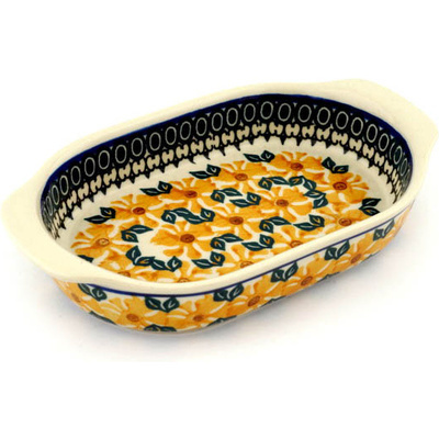 Polish Pottery Oval Baker with Handles 8&quot; Golden Medley