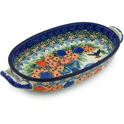 Polish Pottery Oval Baker with Handles 8-inch Hummingbird Bouquet UNIKAT