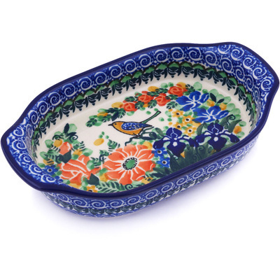 Polish Pottery Oval Baker with Handles 8&quot; Love Bird Meadow UNIKAT