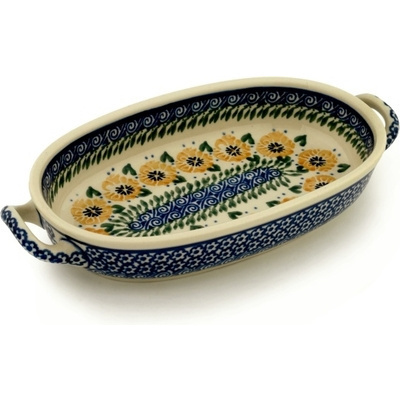 Polish Pottery Oval Baker with Handles 8-inch Marigold Morning