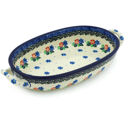 Polish Pottery Oval Baker with Handles 8-inch Meadow Walk