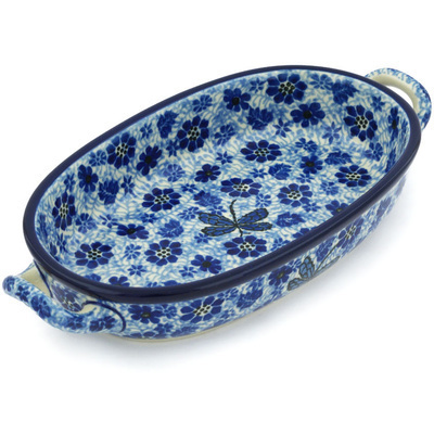 Polish Pottery Oval Baker with Handles 8-inch Misty Dragonfly