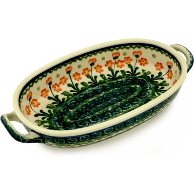 Polish Pottery Oval Baker with Handles 8-inch Peach Spring Daisy