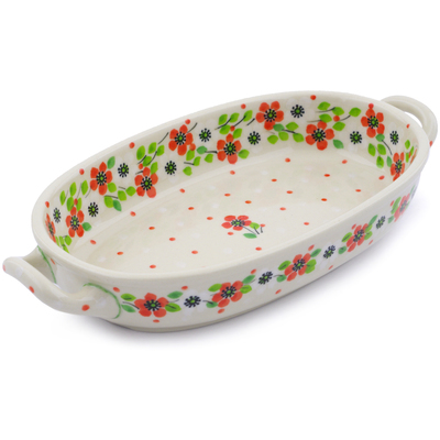 Polish Pottery Oval Baker with Handles 8-inch Poppy Flower
