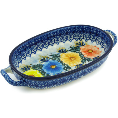 Polish Pottery Oval Baker with Handles 8-inch Primary Petunias UNIKAT