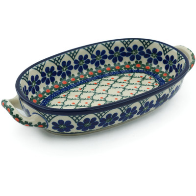 Polish Pottery Oval Baker with Handles 8-inch Primrose Trellis