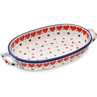 Polish Pottery Oval Baker with Handles 8-inch Red Hearts Delight