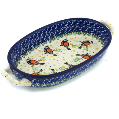 Polish Pottery Oval Baker with Handles 8-inch Redbird On A Wire