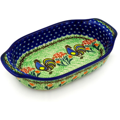 Polish Pottery Oval Baker with Handles 8&quot; Rooster Dance UNIKAT