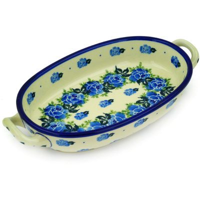 Polish Pottery Oval Baker with Handles 8-inch Rose Wreath