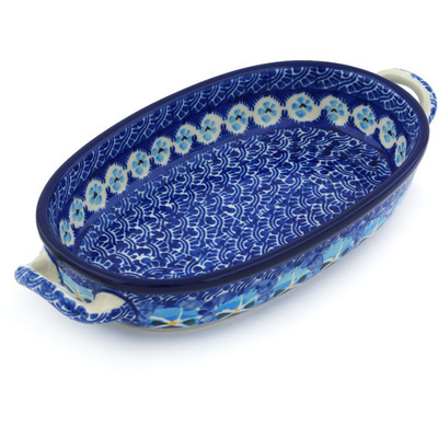 Polish Pottery Oval Baker with Handles 8-inch Splendid In Blue UNIKAT