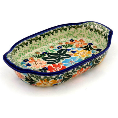 Polish Pottery Oval Baker with Handles 8&quot; Spring Hibiscus UNIKAT