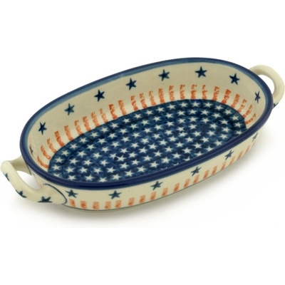 Polish Pottery Oval Baker with Handles 8-inch Star Spangled Banner