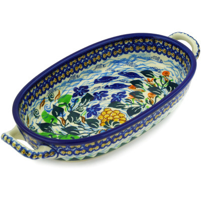 Polish Pottery Oval Baker with Handles 8-inch Water Garden UNIKAT