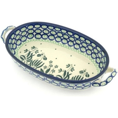 Polish Pottery Oval Baker with Handles 8-inch Weeping Tulips UNIKAT