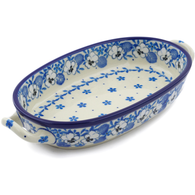 Polish Pottery Oval Baker with Handles 8-inch White Pansy