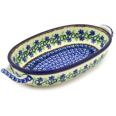 Polish Pottery Oval Baker with Handles 8-inch Woven Pansies