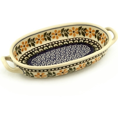 Polish Pottery Oval Baker with Handles 8-inch Yellow Daisy Swirls
