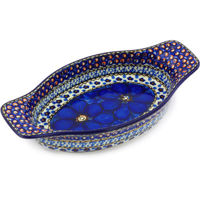 Polish Pottery Oval Baker with Handles 9&quot; Cobalt Poppies UNIKAT