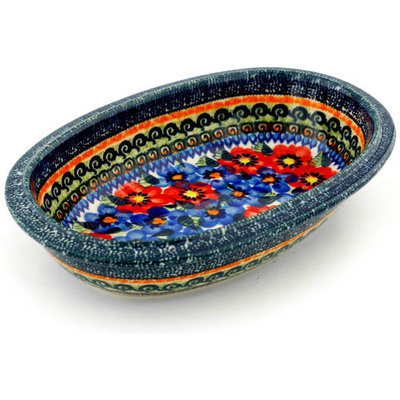 Polish Pottery Oval Bowl 10&quot; Blue And Red Poppies UNIKAT