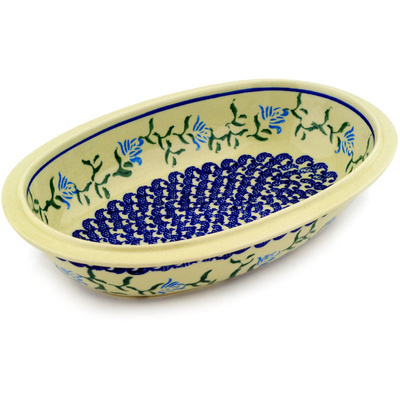 Polish Pottery Oval Bowl 10&quot; Blue Rose Peacock