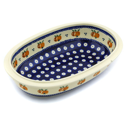 Polish Pottery Oval Bowl 10&quot; Country Apple Peacock