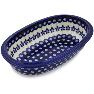 Polish Pottery Oval Bowl 10&quot; Flowering Peacock